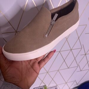 Tan Loafers with Textured Canvas and Rubber Sole